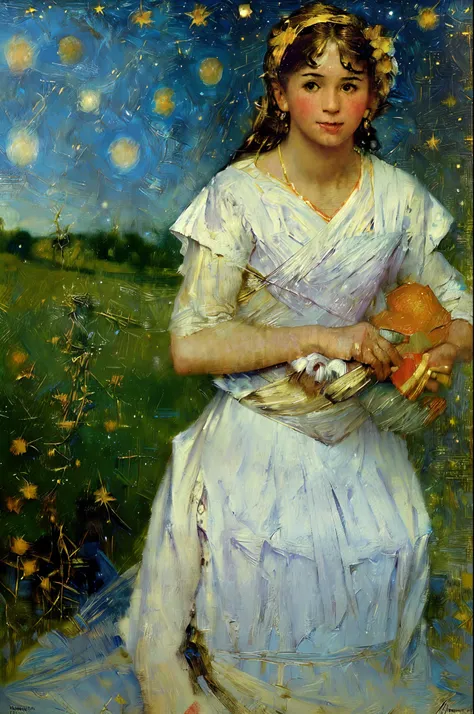 ((Best Quality, tmasterpiece)),((((((Single portrait of a young girl))))),(((((独奏))))),dream, (Under the summer starry sky), Russian paraphernalia, very colorful, Best, ((Стиль Norman Rockwell)), sensitivity,  Detailed Illustration, grotesque,  Complicated...