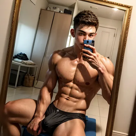 masterpiece, best quality, ultra detailed, realistic, sfw, 1boy, an attractive 18 years old fit caucasian boy sitting in front of a mirror taking selfie, flexing pose, ((sweat)), shirtless, wearing tight jockstrap, big bulge, vpl, smug, full body shot,