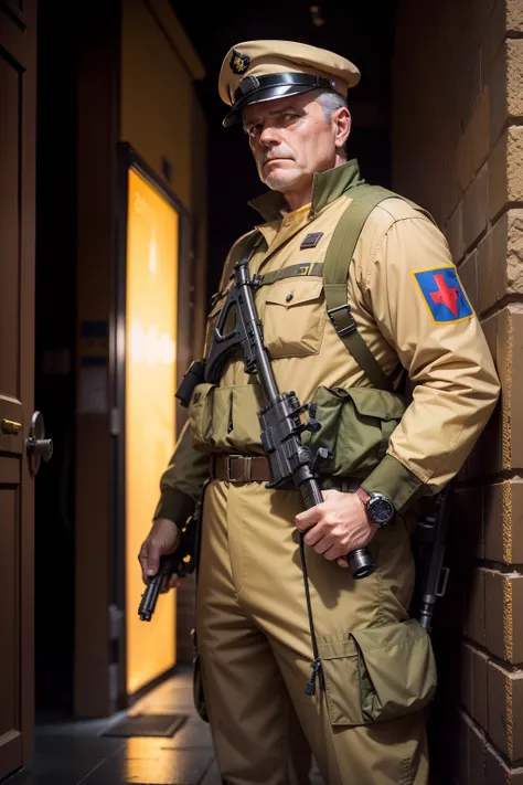 Photography level，middle aged man，Armed with a Czech light machine gun，stand posture，Yellow combat uniform，Heads-up 45°