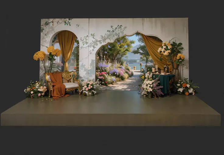 opulent ，Beautiful rendering，hyper HD，Hyper-realistic，，French wedding scene，CG rendering，lavishly decorated，enscape render，，，Wedding，opulent，high qulity，with details，Oil painting feeling，florals，