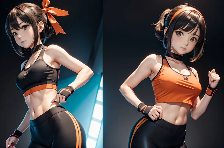 Anime, Hyper details, whole body back distant view, 3d render of Sohara Mitsuki is a Anime woman 20 years old with brown hair tied back with a red ribbon. Her eyes are the same color as her hair, She wears a tight white unbuttoned micro tube top, desvestid...