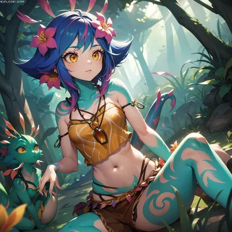 Neeko, 1girl, facial marks, hair ornaments, hair flower, necklace, brown shorts, crop top, multicolored skin, lizard tail, body paint, yellow eyes, fgo sprite, perfect anatomy, better hands