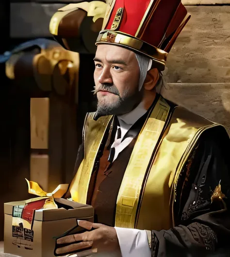 Bearded old man with a crown with a double box