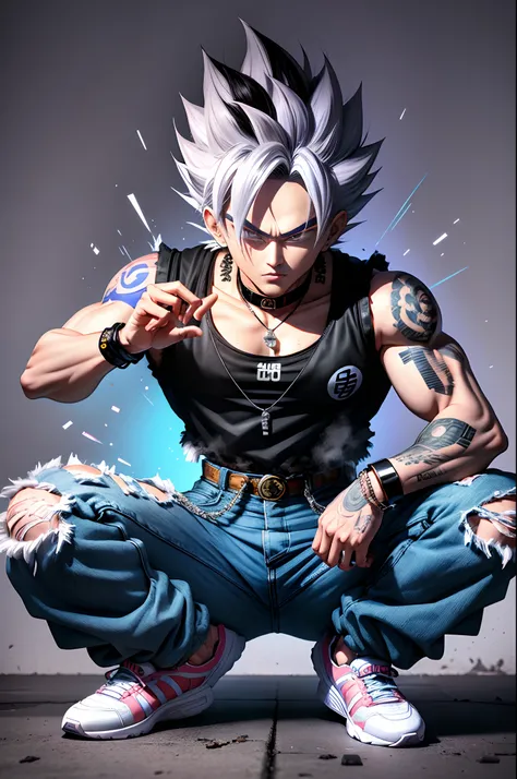 Son Goku in Dragon Ball, greyt hair，Fashion graffiti clothing，Trendy clothing，Tide brand，black black jacket，vests，denim pant，Lunette de soleil，Bracelet，ear studs，decorations，athletic sneakers，Tattooed with，choker necklace，Ultra high quality，Best quality，tm...