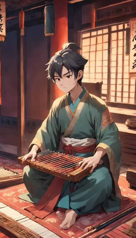 full body, very young man sitting on carpet playing guzheng，Oriental face，With very detailed facial features and cartoon-style visuals。