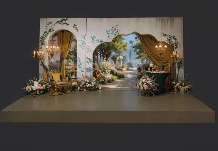 opulent ，Beautiful rendering，hyper HD，Hyper-realistic，，French wedding scene，CG rendering，lavishly decorated，enscape render，，，Wedding，opulent，high qulity，with details，Oil painting feeling，florals，