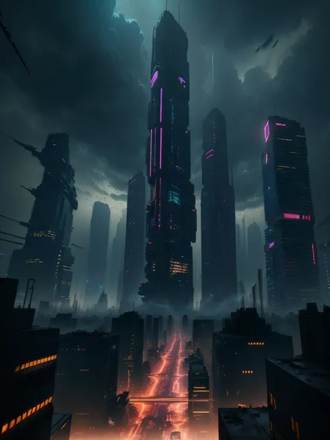 futuristic city with skyscrapers and cars in the middle of a dark night, hyper realistic cyberpunk city, in a futuristic cyberpunk city, futuristic cyberpunk scenario, cyberpunk cityscape, dystopian cyberpunk city, cyberpunk city landscape, digital concept...