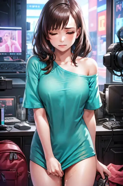 photorealistic, (hyperrealistic:1.2),
1girl, (after sex:1.2),  (crying:0.7), eyes closed,
cyberpunk, naked shirt, shirt tug, shirt, off shoulder,
brunette hair,
torino aqua,