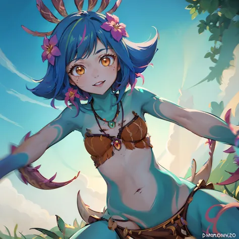 Neeko, 1girl, facial marks, hair ornaments, hair flower, necklace, brown shorts, crop top, multicolored skin, lizard tail, body paint, yellow eyes, girl on top, arm support, smile, looking at viewer, perfect anatomy