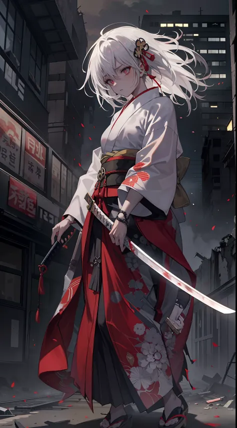 ((dramatic)) ((detailed)) ((masterpiece)) ((gritty)) ((intense)) girl, japan goddes of war, holding a katana, bloodstain on her face, dark night, broken building and post apocalyptic japan ((broken building)), godly aura, stand on top of tall building, loo...