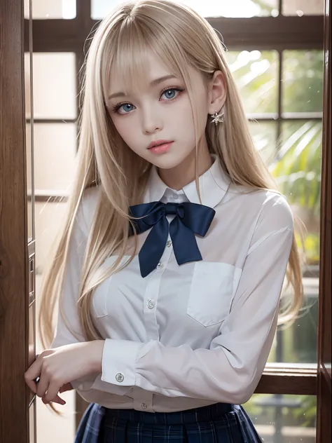 portlate、School Uniforms、bright expression、Young shiny shiny white shiny skin、Best Looks、Blonde reflected light、Platinum blonde hair with dazzling highlights、shiny light hair,、Super long silky straight hair、Beautiful bangs that shine、Glowing crystal clear ...