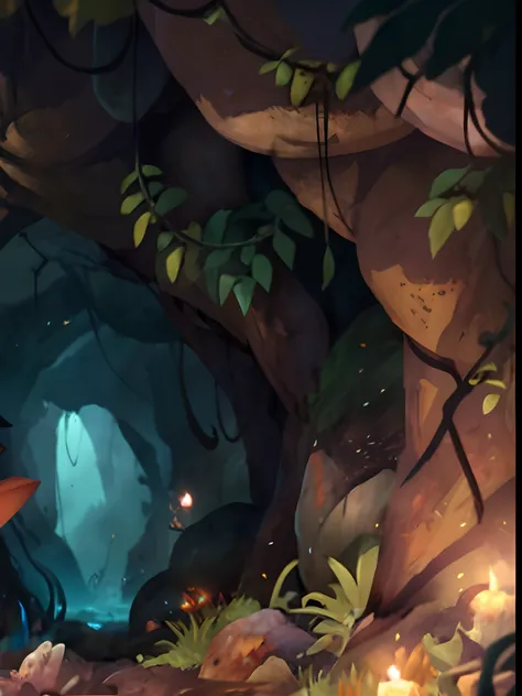 Close-up of a cartoon character in a cave with fire, background artwork, arte de fundo, Stylized concept art, Detailed digital 2D fantasy art, magical fantasy 2 d concept art, Detailed game art, concept art of a dark forest, environment and concept art, de...