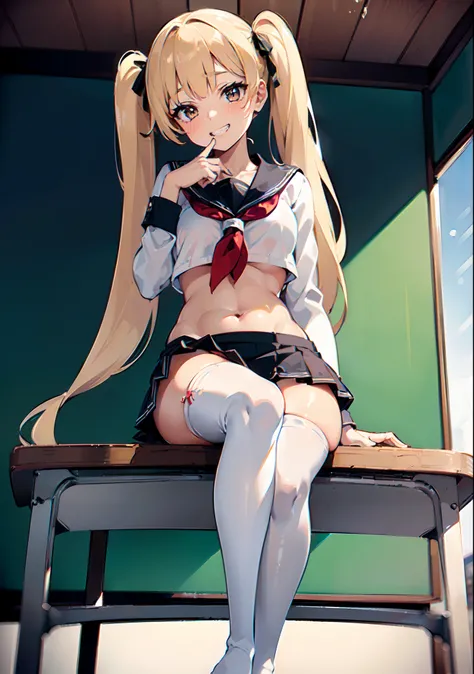 ((Angle from below)),(Full body),1 girl,Solo,(Young Girl?Little Girl),((A masterpiece of sitting with your knees spread on a desk))?Detailed beautiful face,Detailed beautiful eyes,hight resolution,Beautiful lighting,An ultra-fine illustrations,Extremely de...