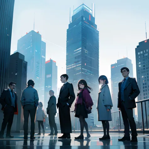 A group of people stood expressionless in the street，Behind it are high-rise buildings，fov