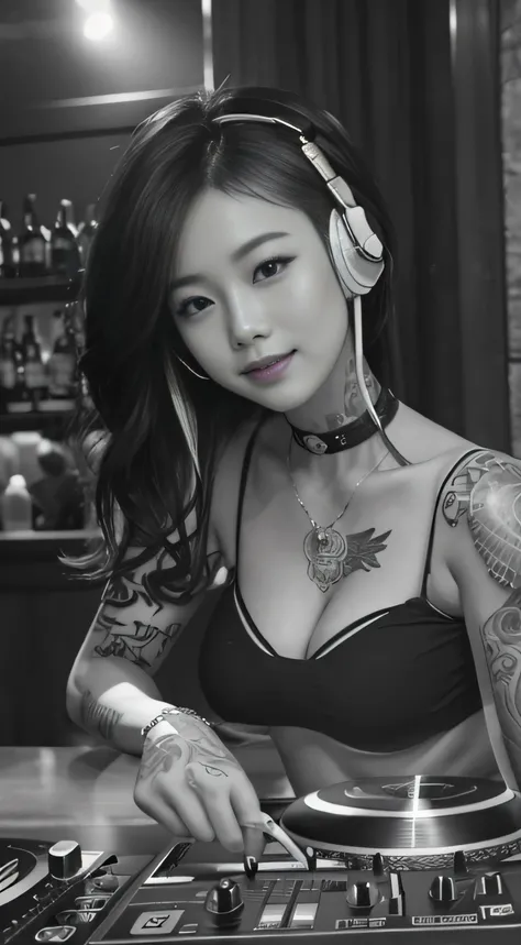 best qualtiy，tmasterpiece，超高分辨率，(fidelity:1.4)，(B&W:1.3)，professinal，photography of，1个Giant Breast Girl，Dee bar，Girl wearing headphones，DJ in the bar，Upper body，A female DJ，Look at the crowd，DJ, DJ booth，DJ Player，stage lighting，(buzz cut:1.1)，(Tattooed wi...