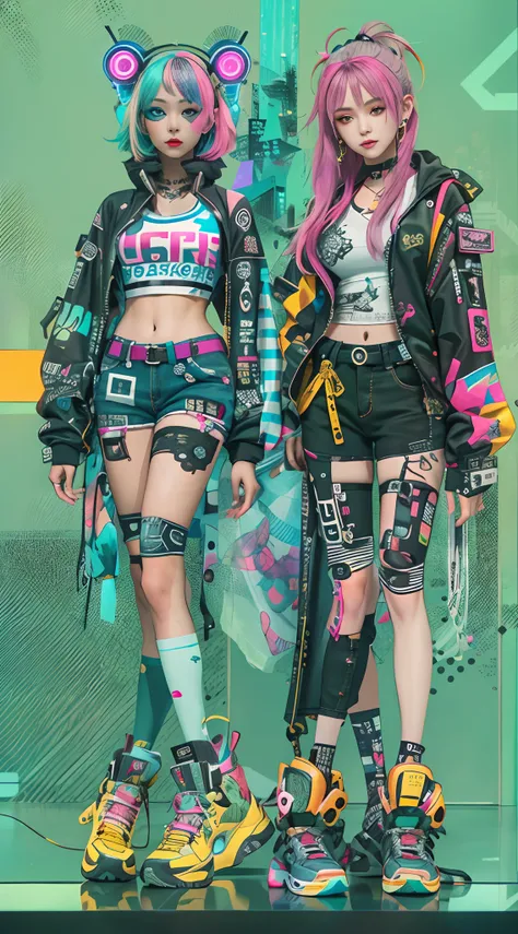 Masterpiece, Best quality, 2 confident cyberpunk girls standing together, Harajuku-style cyberpunk costumes, Bold colors and patterns, Eye-catching accessories, Trendy and innovative hairstyle, Vibrant makeup, Cyberpunks dazzling cityscape, skyscrapper, Ne...