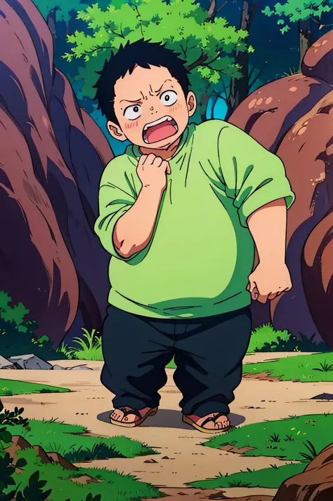 A chubby little boy，Its cute to wear，The expression is angry，The left finger is outstretched and pointed into the distance，The little boy accounts for one tenth of the picture，The background is a forest in the distance