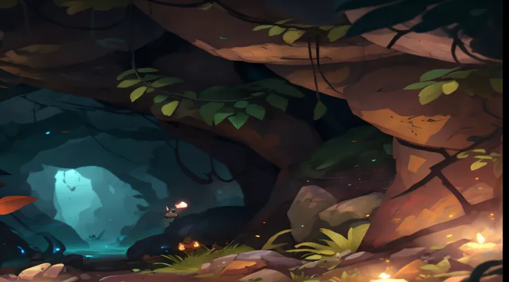 Close-up of cartoon character in cave with fire, background artwork, arte de fundo, Stylized concept art, Detailed digital 2D fantasy art, magical fantasy 2 d concept art, Detailed game art, concept art of a dark forest, environment and concept art, detail...