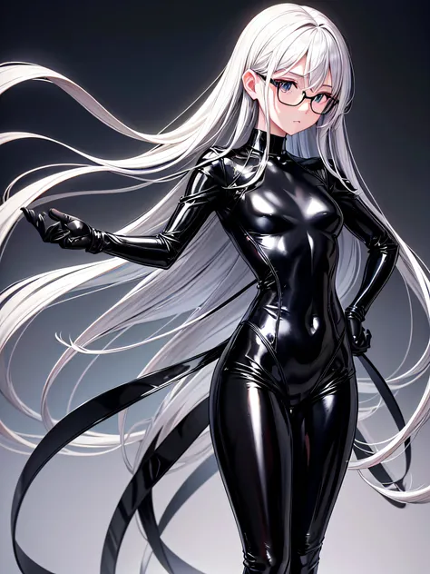 5 8K UHD、Silver-haired and small-nosed beauty in a black shiny black full-body rider suit wearing glasses is turning around with her back turned、Wearing a shiny black latex slider suit with hidden skin