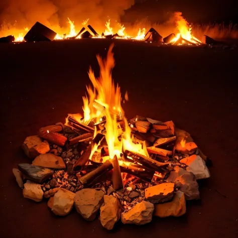 There was a fire burning in a pile of stones, bonfires, Outdoor bonfire pit, campfires, Fire, campfire background, flame stones are scattered, fire place roaring, bonfires, Bright orange campfire, Burning fire, Small fire, fire lit, lots of fire, amazing f...