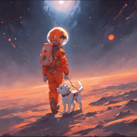 masterpiece,best quality, young boy walking on mars,spacesuit,3 moons,space, a dog friend,