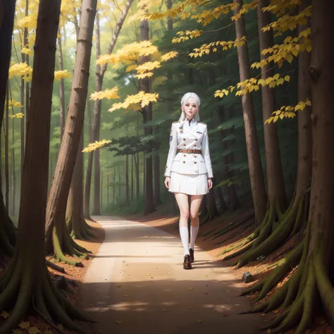 autumn forest, There is a path in the forest between the trees，Lying a girl with white hair，Wearing a gorgeous JK uniform、White stockings。