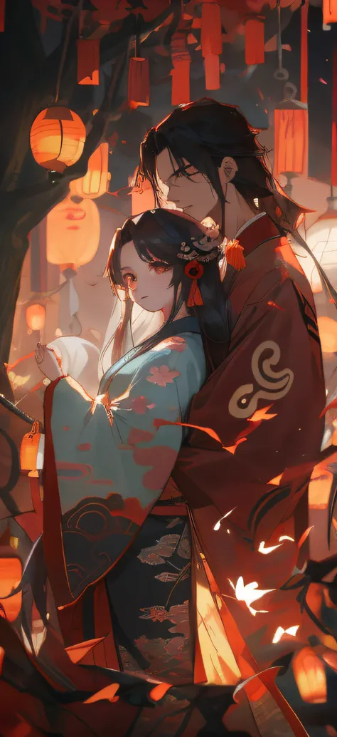 The tree，Men and women under the Tanabata tree hang concentric locks together，Anime Couples Night in Chinese City, Guviz-style artwork, Guviz, by Yang J, author：Shitao, by Ye Xin, trending on cgstation, yiqiang and shurakrgt, Guweiz in Pixiv ArtStation, Ka...