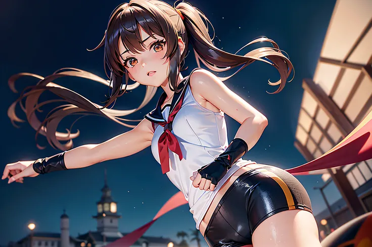 (anime, solo 1 mujer),  hiper detalles, todo el cuerpo espalda vista lejana, Sohara 3D Render Mitsuki is a 20-year-old anime woman with brown hair tied back with a red ribbon. Sus ojos son del mismo color que su cabello, (Ella lleva una camiseta blanca aju...