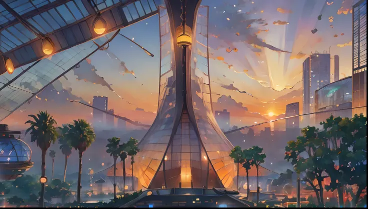 best quality, masterpiece, extremely detailed, detailed background, anime, 1girl, young girl, short girl, retro, city lansdscape, outdoors, sunset, beautiful sky, greenhouse, megastructure, bio-dome, landscape, scenery, horizon, rooftop, sitting on rooftop...