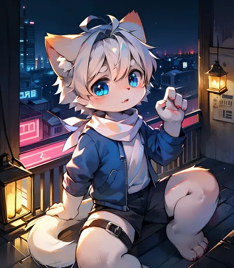 Highest picture quality，Delicate painting style，Delicate hook lines，Masterpieces，Fine skin，Delicate hair，Delicate hands，Delicate eyes，Normal eyes，White cat ears，shaggy，Blue eyes，Handsome，（（White scarf）），Cat style，Shota，Cyberpunk, Blue pupils, Night view of...