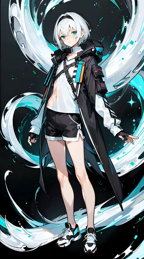 Masterpiece, Best quality, Solo,Boy, White hair,Short hair, (White shirt:1.4),(Black shorts:1.5), blackfootwear, full bodyesbian, shirt, Shorts, Coat, Open coat, view the viewer, Hood, Sneakers, Open clothes, Black coat, (Flat chest:1.7), No breasts,Long s...