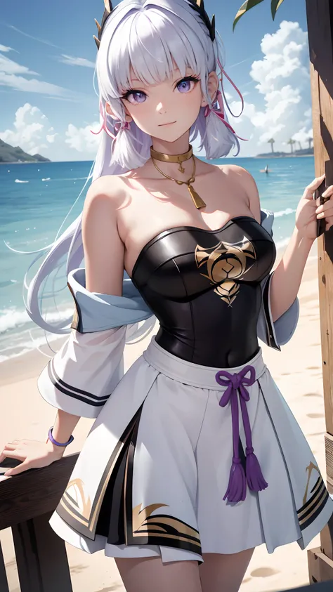 tmasterpiece，best qualtiy，white color hair，Purple eye，sportrait，realisticlying，Wallpapers，painting of a，ssmile，looks into camera，Blackn clothes。perfect bodies，Close-up shot，beachside，swim wears，The bird，​​clouds，Full body photo，Superskirt，Off-the-shoulder ...