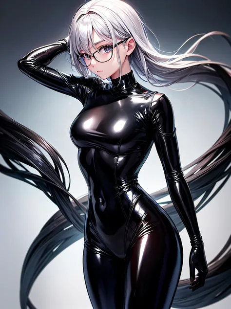 5 8K UHD、Silver-haired and small-nosed beauty in a black shiny black full-body rider suit wearing glasses is turning around with her back turned、Wearing a shiny black latex slider suit with hidden skin