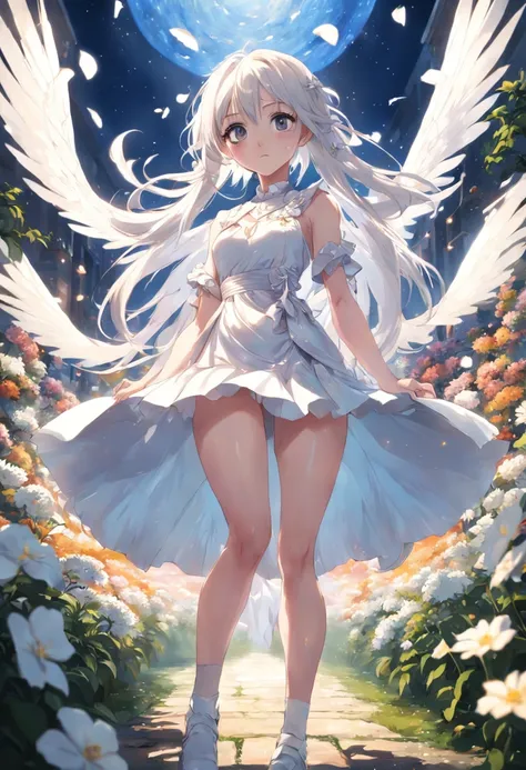 (masutepiece, Best Quality:1.6), White Dress, thighs thighs thighs thighs, Beautiful Girl, (Flowers, many small white petals:1.3), garden, Blue sky, Looking at Viewer, Small waist, Official art, Raw photo, unbelievable Ridiculous, face lights, Dynamic ligh...