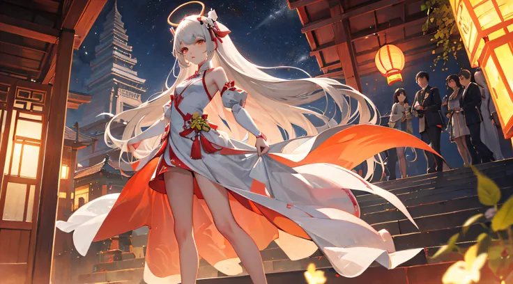 The nine-tailed fox，Ali，slim legs，Small white shoes，weddingdress，Ultra-guangjiao，a loli，solo，Night sky，Stand up，ancient architecture，Southeast Asian architectural style，Peach Blossom，Knolling，Long gray hair，Incredibly long hair