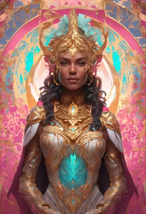 (chromaV5:1.2) (symmetry:1.1) (portrait of floral:1.05) a woman as a beautiful goddess, (assassins creed style:0.8), pink and gold and opal color scheme, beautiful intricate filegrid facepaint, intricate, elegant, highly detailed, digital painting, artstat...