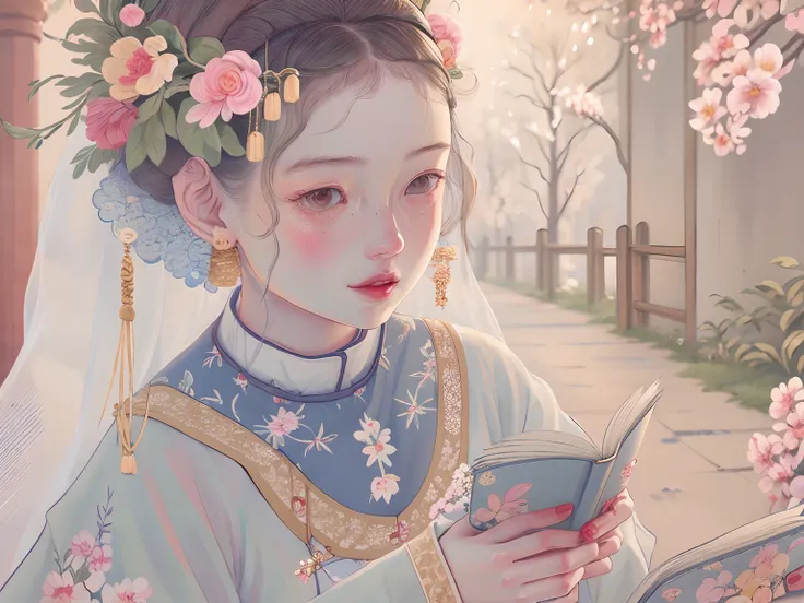 Chinese princess reading，the trees，earnestly，ssmile，Background bokeh，Beutiful women，uma linda princesa，Bust，Bust，Eyes read books，Ancient building blurred background，Bust，Bust，Holding a book in his hand，The eyes are reading the book，Reading a book，Look at t...