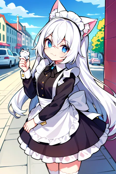 tmasterpiece, Need, 1girl, whaite hair, mid - length hair, cat ear, eye closeds, looking at viewert, :3, adolable, exteriors, the street,White hair color，Bicolor pupil，Blue sky，The maid pretends to be a girl