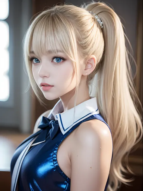 portlate、School Uniforms、bright expression、poneyTail、Young shiny shiny white shiny skin、Best Looks、Blonde reflected light、Platinum blonde hair with dazzling highlights、shiny light hair,、Super long silky straight hair、Beautiful bangs that shine、Glowing crys...