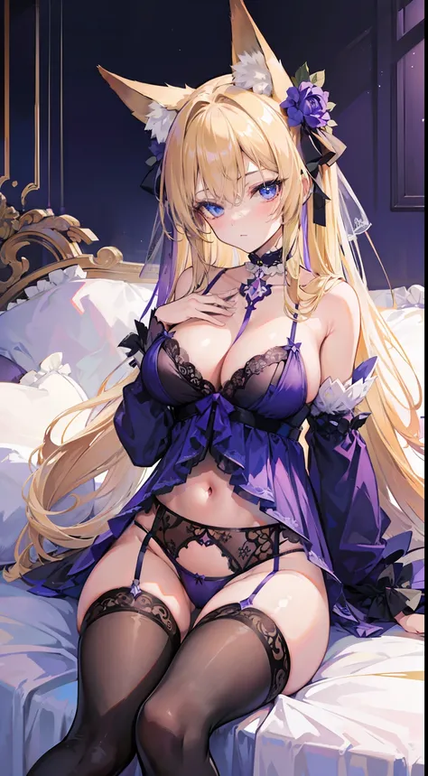 High quality, masterpiece, ultra-detailed, black stockings, purple lingerie, purple panties, choker, headress, 1girl, solo, peaceful expression, long blonde hair, enchanting blue eyes, fox ears, big breasts, bedroom