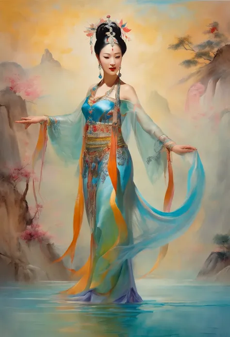 An ancient Chinese beauty stands and dances on the water, gorgeous costumes embroidered with intricate embroidery, flowing tulle, transparent long colorful ribbons tied on the arms, inspired by Dunhuang Flying Apsaras murals, showing navel, bare shoulders,...