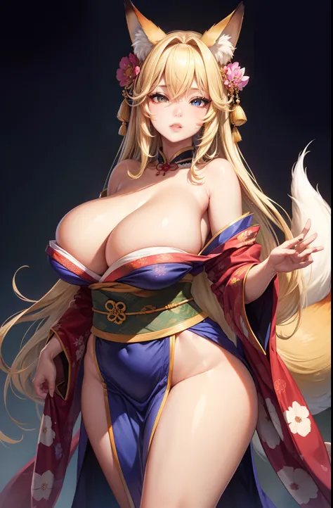 tmasterpiece, top-quality,, (face perfect:1.1) , (high detal:1.1), Curvaceous, wide waist, Carnal lips,、(Colossal tits:1.1)、nedium breasts、Bite into the skin、(thick thight:1.1)、The blonde、Fox ears、Transparent kimono、bare shoulders​、Fox tail、