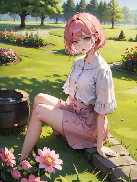 A girl with short pink hair sitting on the lawn