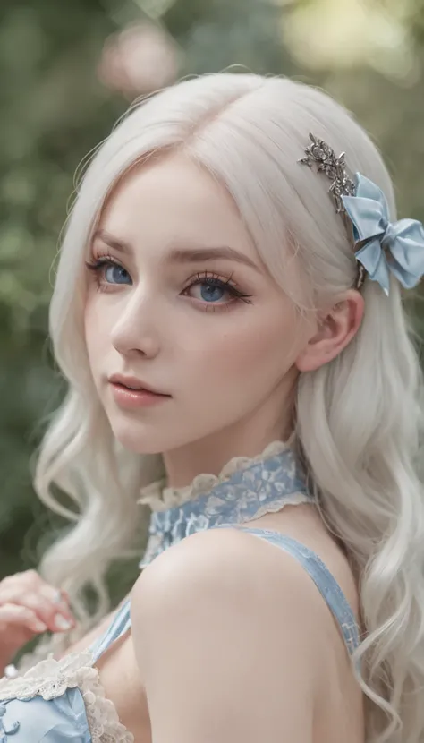 8k, 85mm, official art, raw photo, absurdres, platinum blonde hair, (blue eyes, lolita fashion, sweetlolita, gothic, dress:1.2), idol face, upper body, beautiful girl, gardeniass, short sleeve, elegance, sophisticated, gardenia, looking at viewer, film gra...