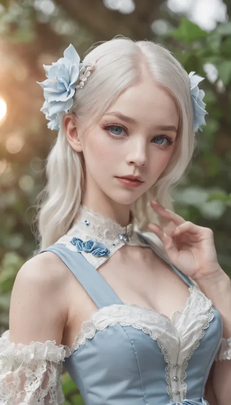 8k, 85mm, official art, raw photo, absurdres, platinum blonde hair, (blue eyes, lolita fashion, sweetlolita, gothic, dress:1.2), idol face, upper body, beautiful girl, gardeniass, short sleeve, elegance, sophisticated, gardenia, looking at viewer, film gra...