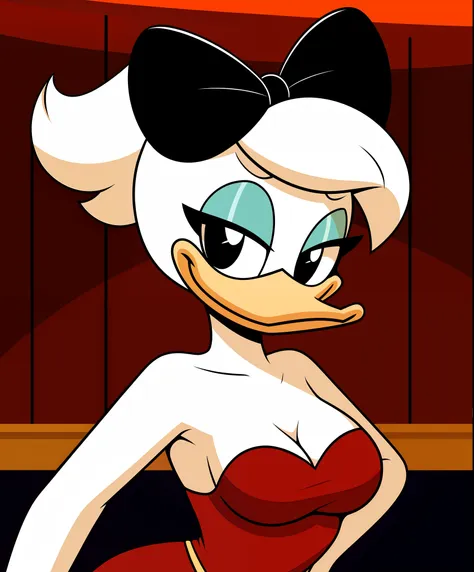 female daisy duck,  detailed background, dance hall, eyeshadow,  pinup, 
wear red dress, from side, sexy pose, alluring, 
simple...