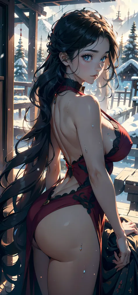 1female，25 age old，Large breasts，Pornographic exposure， 独奏，（Background with：ports，coniferous forest，at winter season，Snow on the ground） with his long black hair， 比基尼，standing on your feet，Sweat profusely，drenched all over the body，seen from the front， cur...