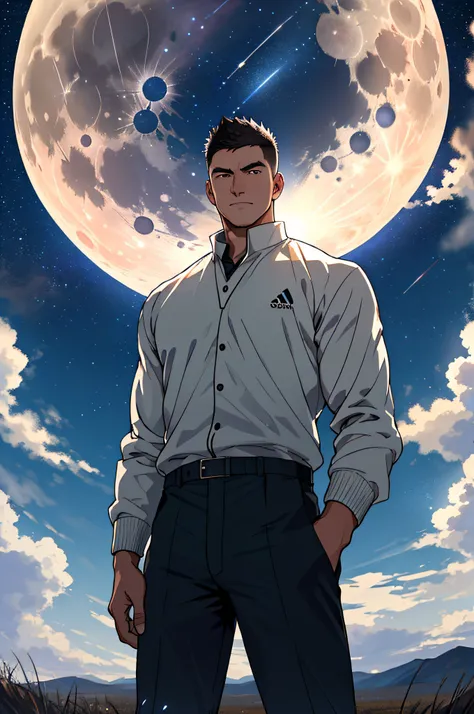 Draw a full-fledged badminton player，Standing on the steppe at night，he is wearing a suit，The man looks confident and determined，looking-down，Crew cut，full bodyesbian，Stars dot the sky，shooting from below，Big moon highlights background