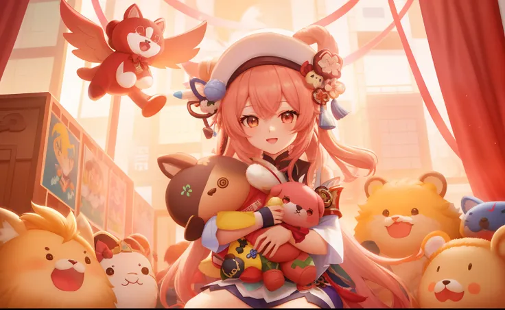 Anime characters with a bunch of stuffed toys in front of the building, Kawasi, Guviz, Guviz-style artwork, zhongli from genshin impact, Keqing from Genshin Impact, guweiz masterpiece, ross tran and bayard wu, expressing joy. by Krenz Cushart, trending on ...