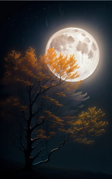 There is a full moon shining in the trees, calm evening. Digital illustration, autumn night, beautiful moonlight night, moonlit night dreamy atmosphere, beautiful moon light, Full moon background, Very Beautiful Digital Art, beautiful digital art, Full moo...